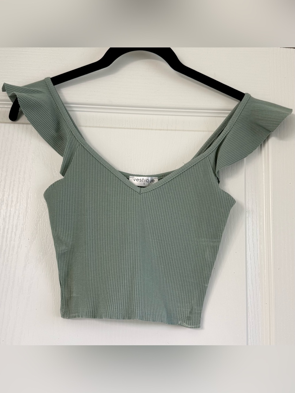 Vestique Ribbed Sage Green V-Neck Crop Top with Flutter Straps